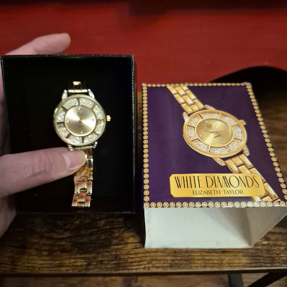 NEW Elizabeth Taylor White Diamonds Gold Tone Rhinestone Accent Watch New Battry